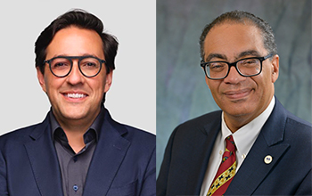 Side-by-side image of two men wearing glasses. Man on left in front of a white background. Man on right in front of blue background.